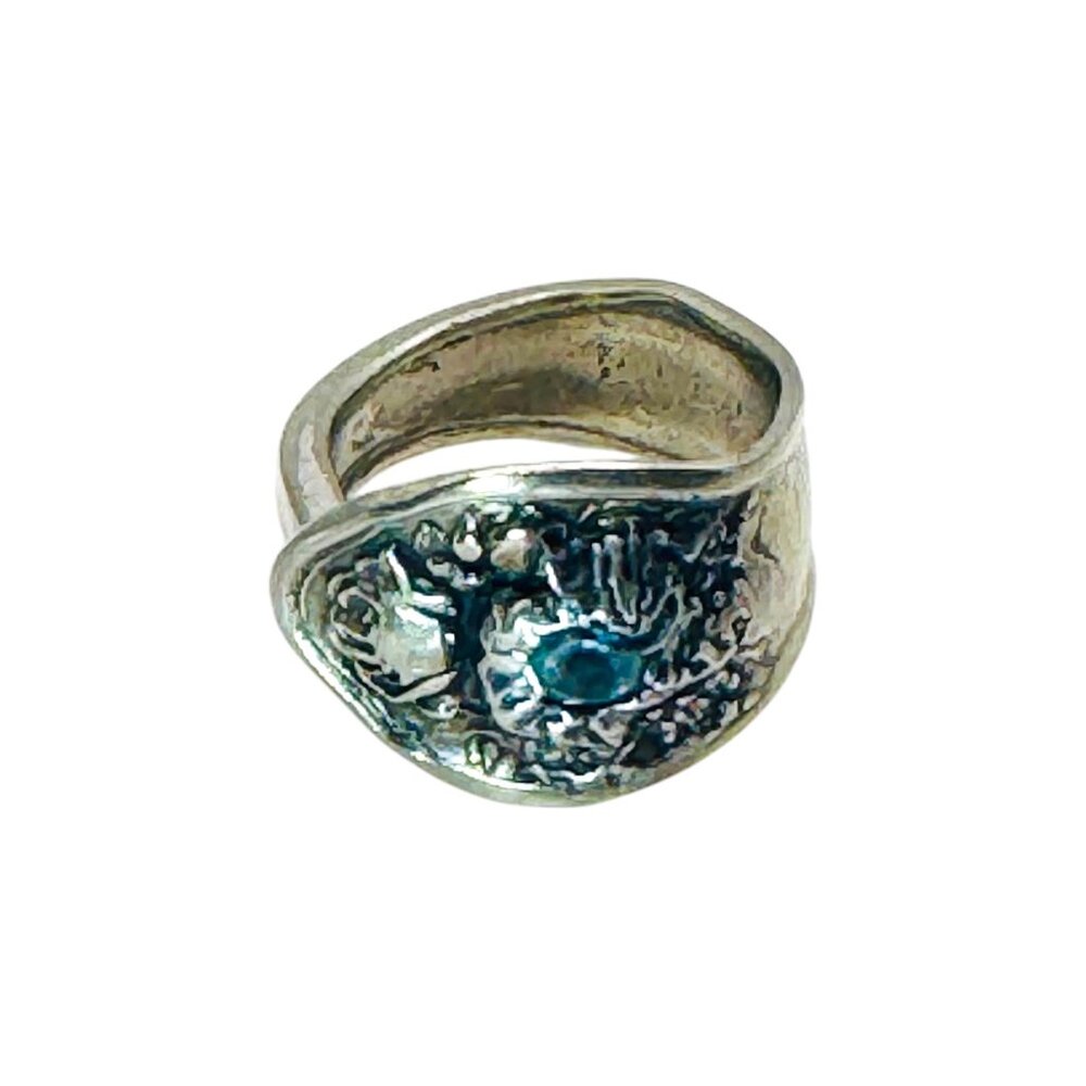Vintage Spoon Ring With Aquamarine & Artisan Boho Metalwork Size 8 - Picture 8 of 17